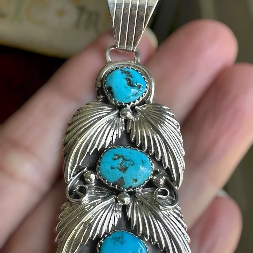 Vintage Running Bear RB Navajo Pendant 3.5 Inch Turquoise 925 Sterling 19.6g NOS